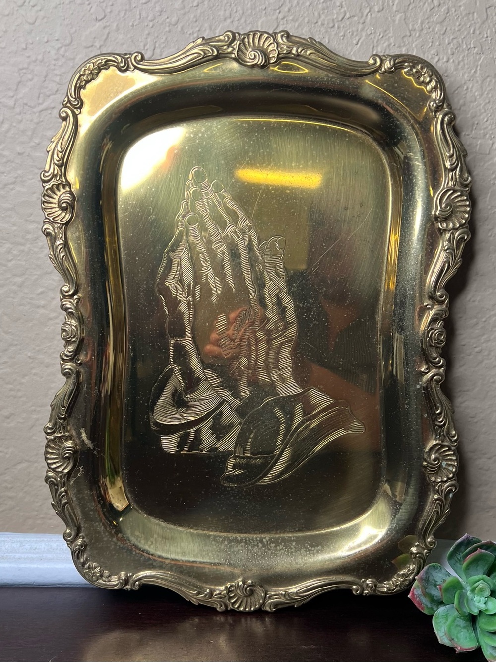 Vintage Brass Praying Hands Tray, Religious Decor